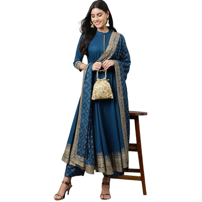 Salwar Kameez Set - インド民族衣装 女性用クルタセット ブループリント コットンシルクスーツ 夏用伝統的なサルワールカミーズ 3点セット