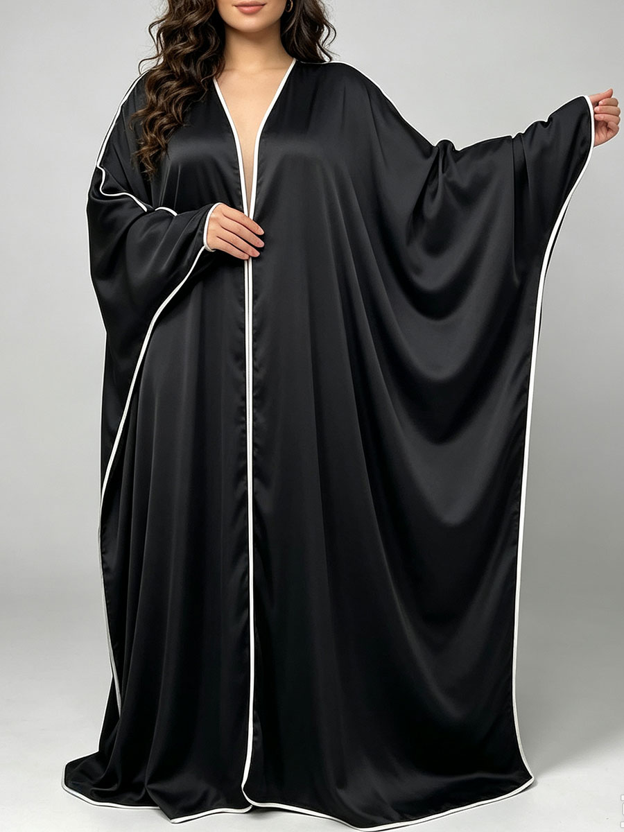 Abaya Modest Wear - エレガントなサテンアバヤ着物、女性用ラグジュアリーホワイトパイピング、ゆったりフィットの控えめなドレス、カジュアルパーティー、イブニングロングローブ