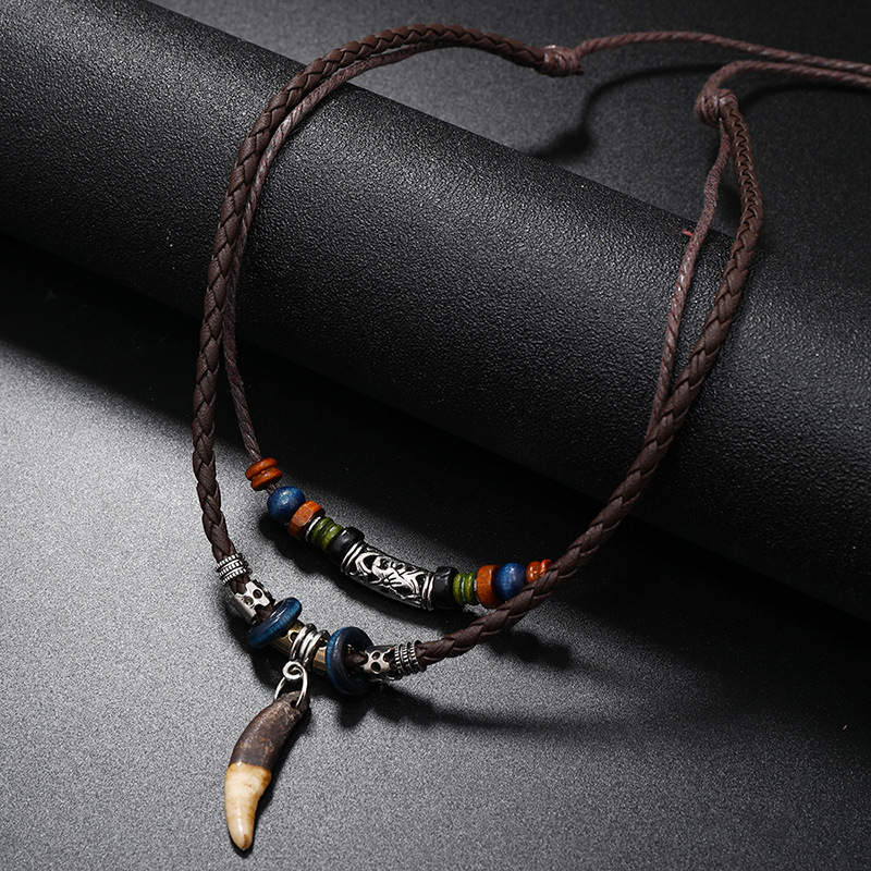Ethnic Fashion Pk - ヴィンテージエスニックスタイル二層手編みレザーネックレス - ユニークなペンダントアクセサリー