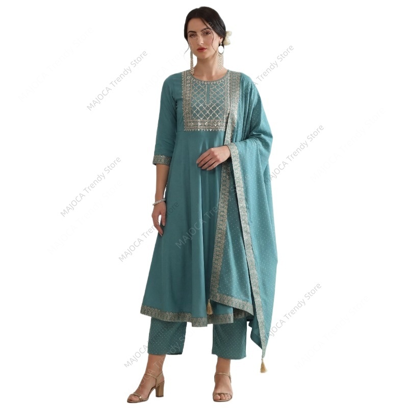 Salwar Kameez Set - 孔雀青色のインド女性用3ピースセット、刺繍入りアナーカリクルタパンツとデュパッタ付きレーヨンエスニックパキスタン風スーツ、パーティーウェア