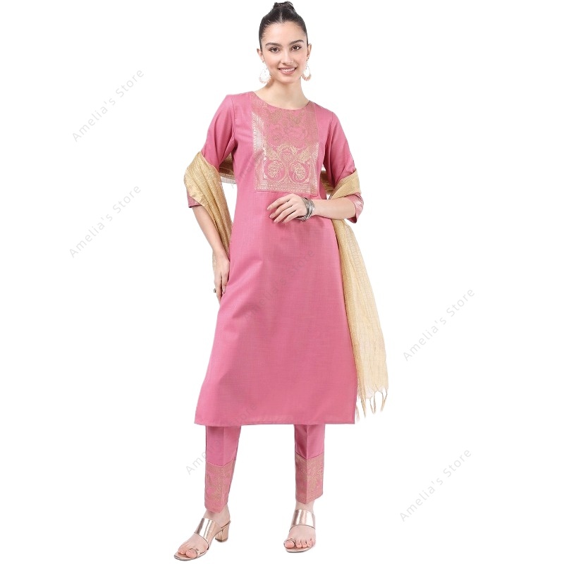 Salwar Kameez Set - インド/パキスタン女性用ピンククルタ3点セット民族衣装サルワールカミーズスーツ綿混紡チュニックパンツとデュパッタ