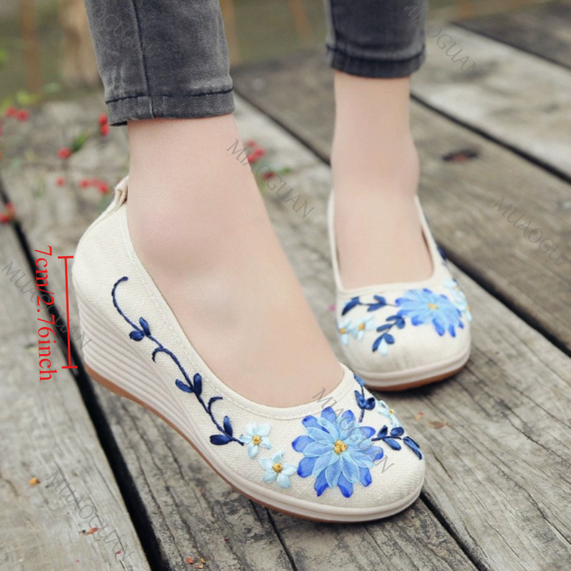 Ethnic Fashion Women - 刺繍入り女性用コンフォートウェッジプラットフォームシューズ、ファッションボウノットレディースハイヒールパンプス、ヴィンテージエスニック女性用ヒール付きフットウェア