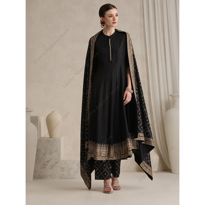 Salwar Kameez Set - エレガントな黒のインドのサルワール・カミーズ・ドゥパッタセット、女性用コットンスーツ、ヴィンテージプリント、伝統的なボリウッドスタイルの衣装、春