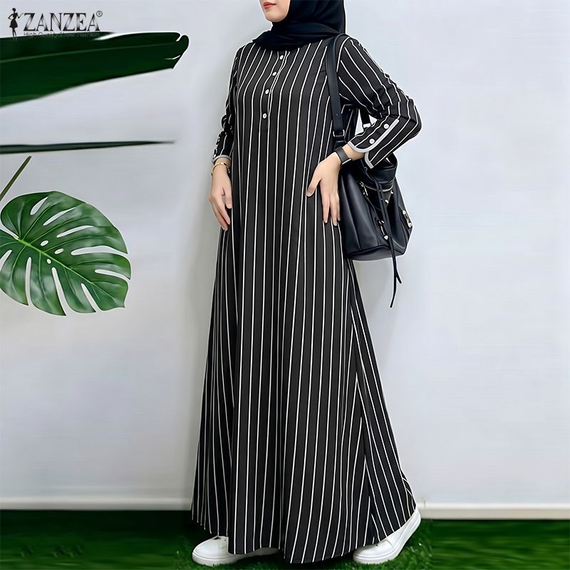 イスラム教徒の控えめなストライプ柄マキシドレス女性カジュアル - Abaya Modest Wear のレビューと価格