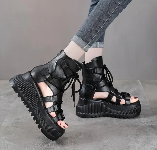 8 センチメートルエスニック牛本革アンクルブーツ女性中空ピー - Ethnic Fashion Women のレビューと価格