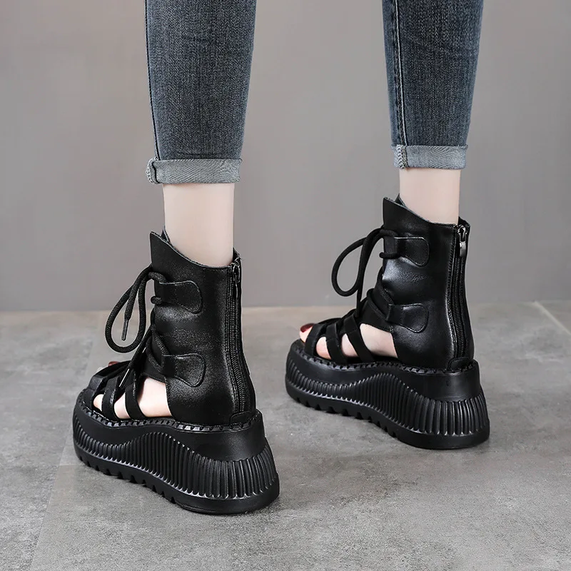 8 センチメートルエスニック牛本革アンクルブーツ女性中空ピー - Ethnic Fashion Women のレビューと価格