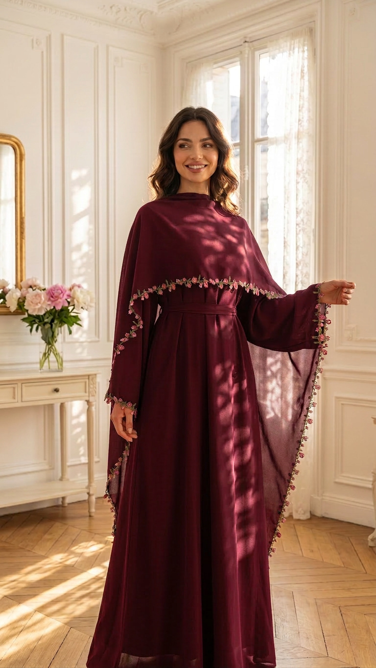 エレガントなピンクのレーストリム付きニダ生地のツーピースアラ - Abaya Modest Wear のレビューと価格