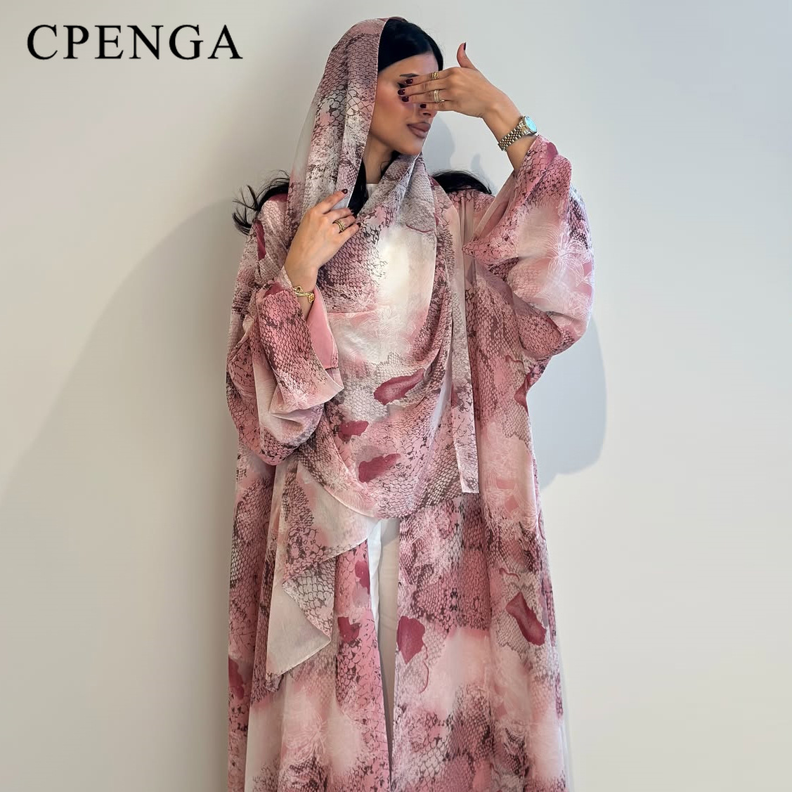 2026年ラグジュアリードバイピンクプリントシフォンオープン - Abaya Modest Wear のレビューと価格