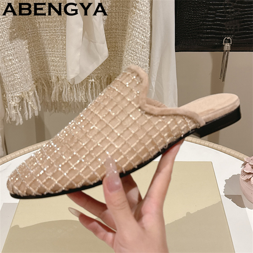 光沢のあるレースメッシュラウンドトゥフラットスリッパ レディ - Ethnic Fashion Women のレビューと価格