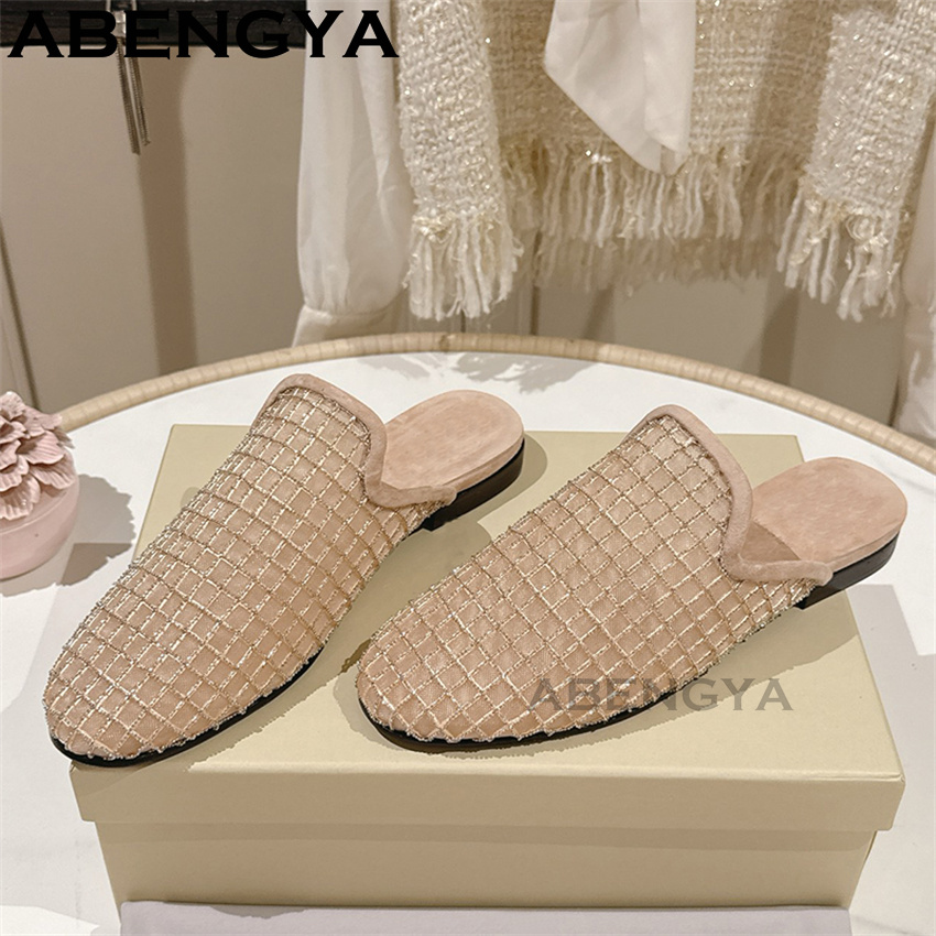光沢のあるレースメッシュラウンドトゥフラットスリッパ レディ - Ethnic Fashion Women のレビューと価格