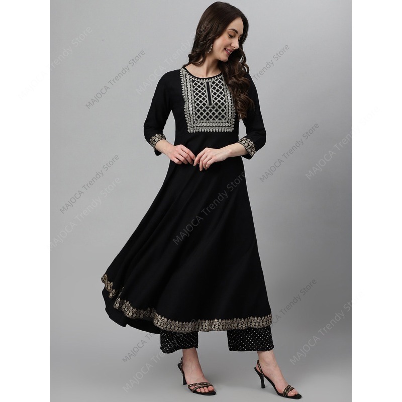 インド・パキスタン女性用ブラックレーヨン素材クルタパンツセッ - Salwar Kameez Set のレビューと価格