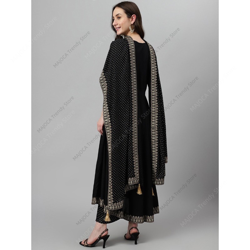 インド・パキスタン女性用ブラックレーヨン素材クルタパンツセッ - Salwar Kameez Set のレビューと価格