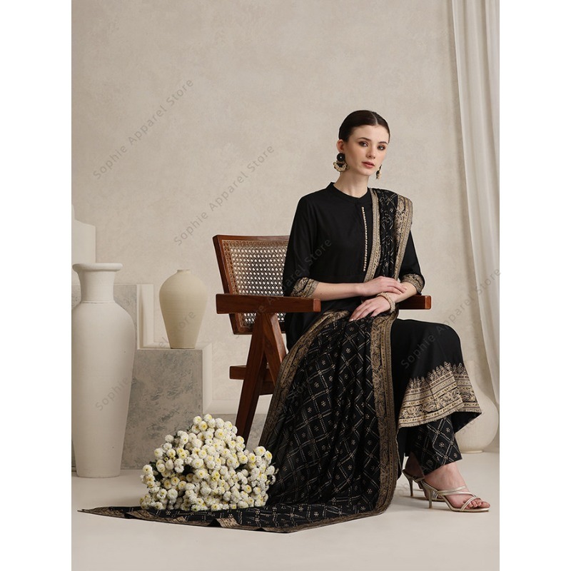 エレガントな黒のインドのサルワール・カミーズ・ドゥパッタセッ - Salwar Kameez Set のレビューと価格