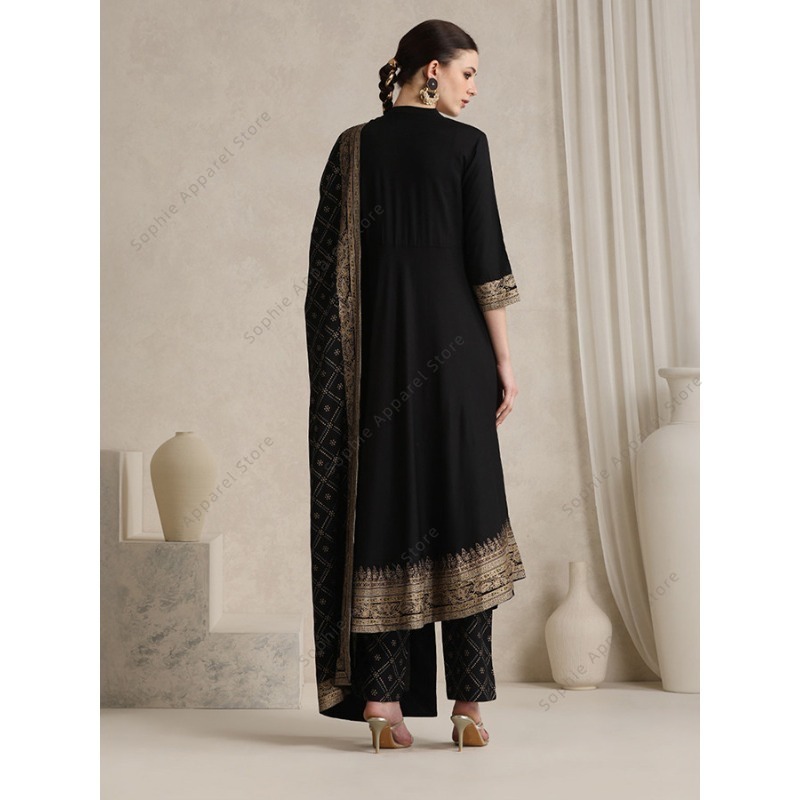 エレガントな黒のインドのサルワール・カミーズ・ドゥパッタセッ - Salwar Kameez Set のレビューと価格